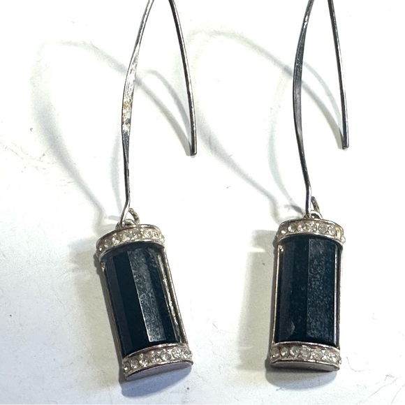 Black Half Cylinder Earrings Silver Tone Settings Extra Long Hooks Elegant - Picture 1 of 5